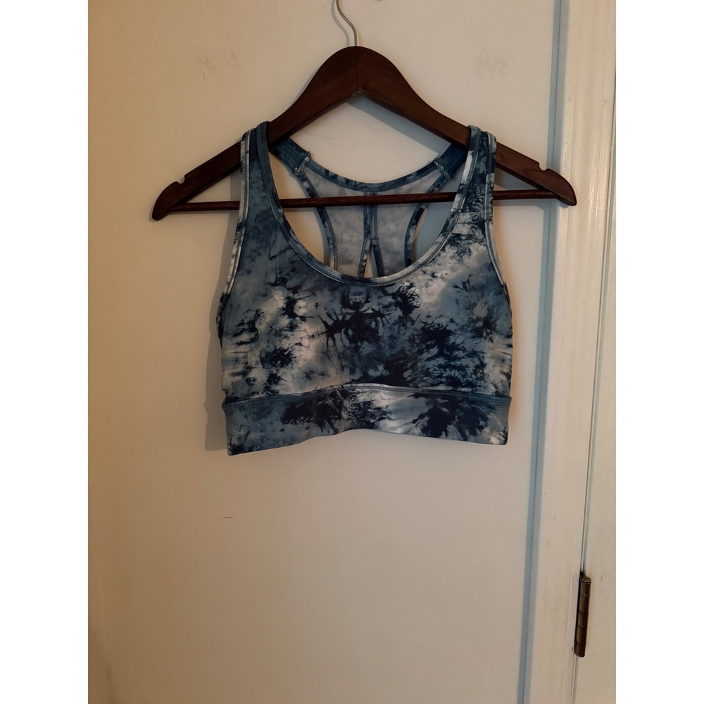 Freely Womens Blue White Tie Dye‎ Racerback Sports Bra Keyhole Back RN098223